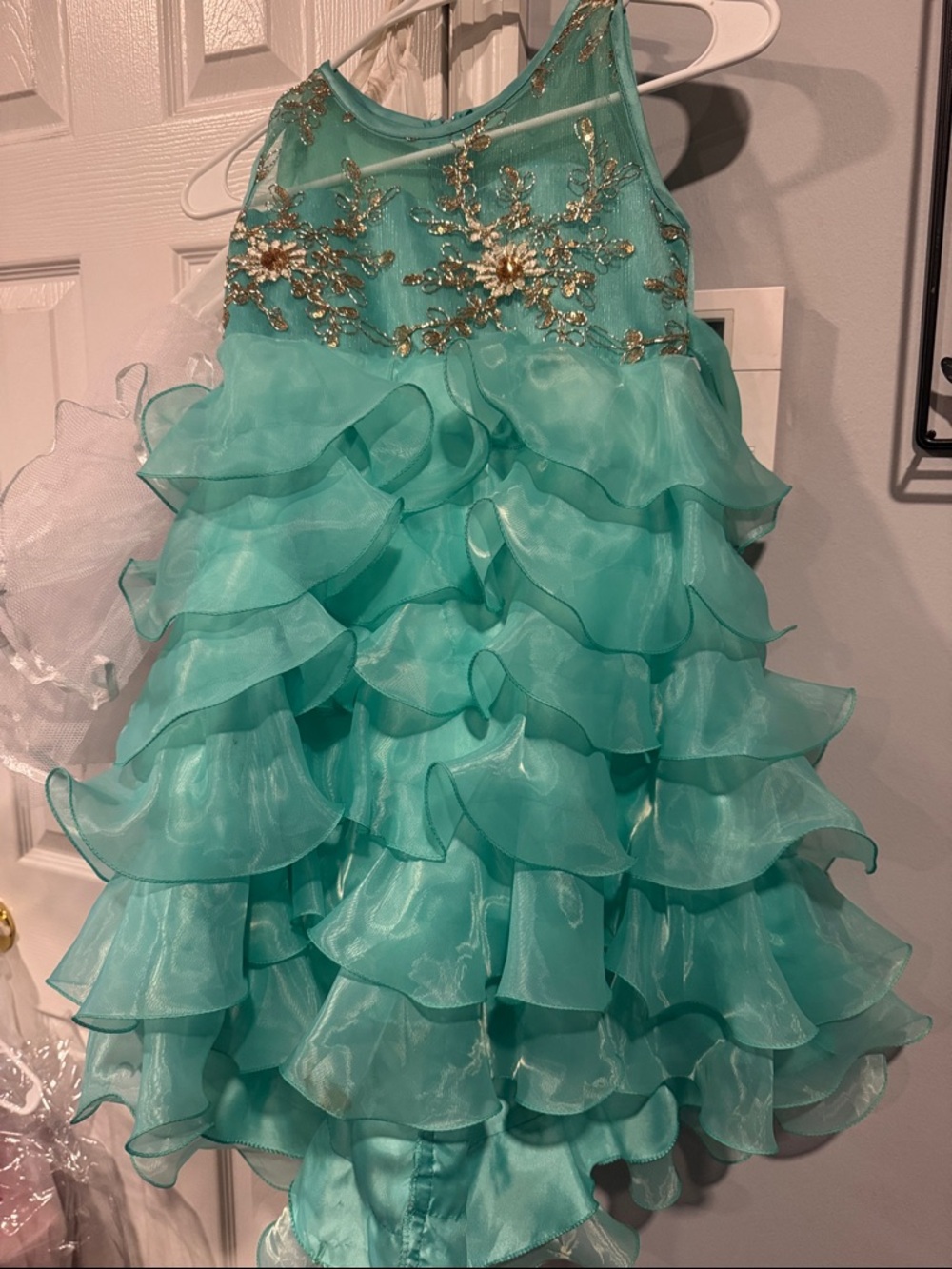 Girls' Aqua Ruffled Party Dress with Gold Embroidery (High/low Style)